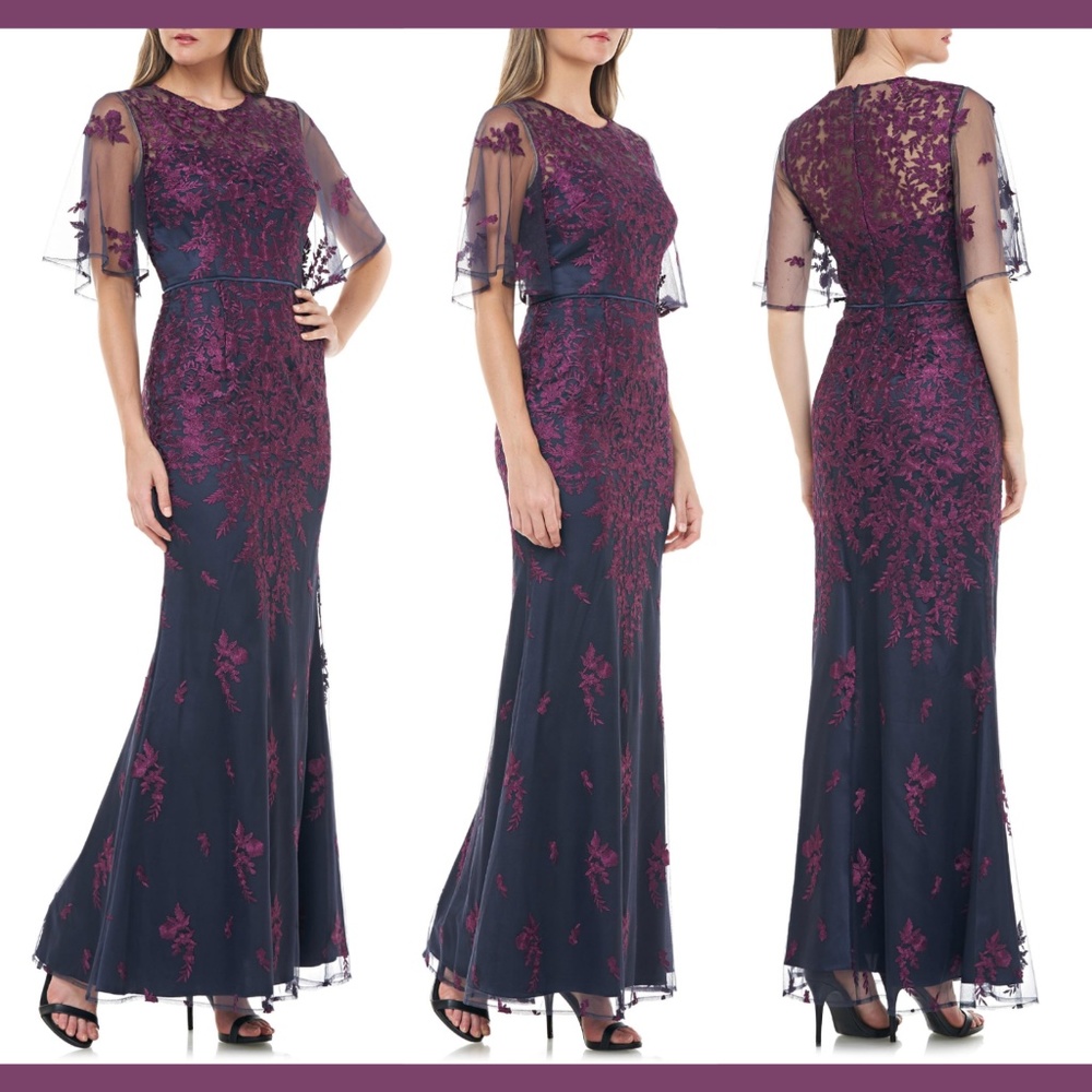 NEW JS CollectionS Floral Embroidered Flutter Sleeve‎ Gown in Blue [SZ 10 ]